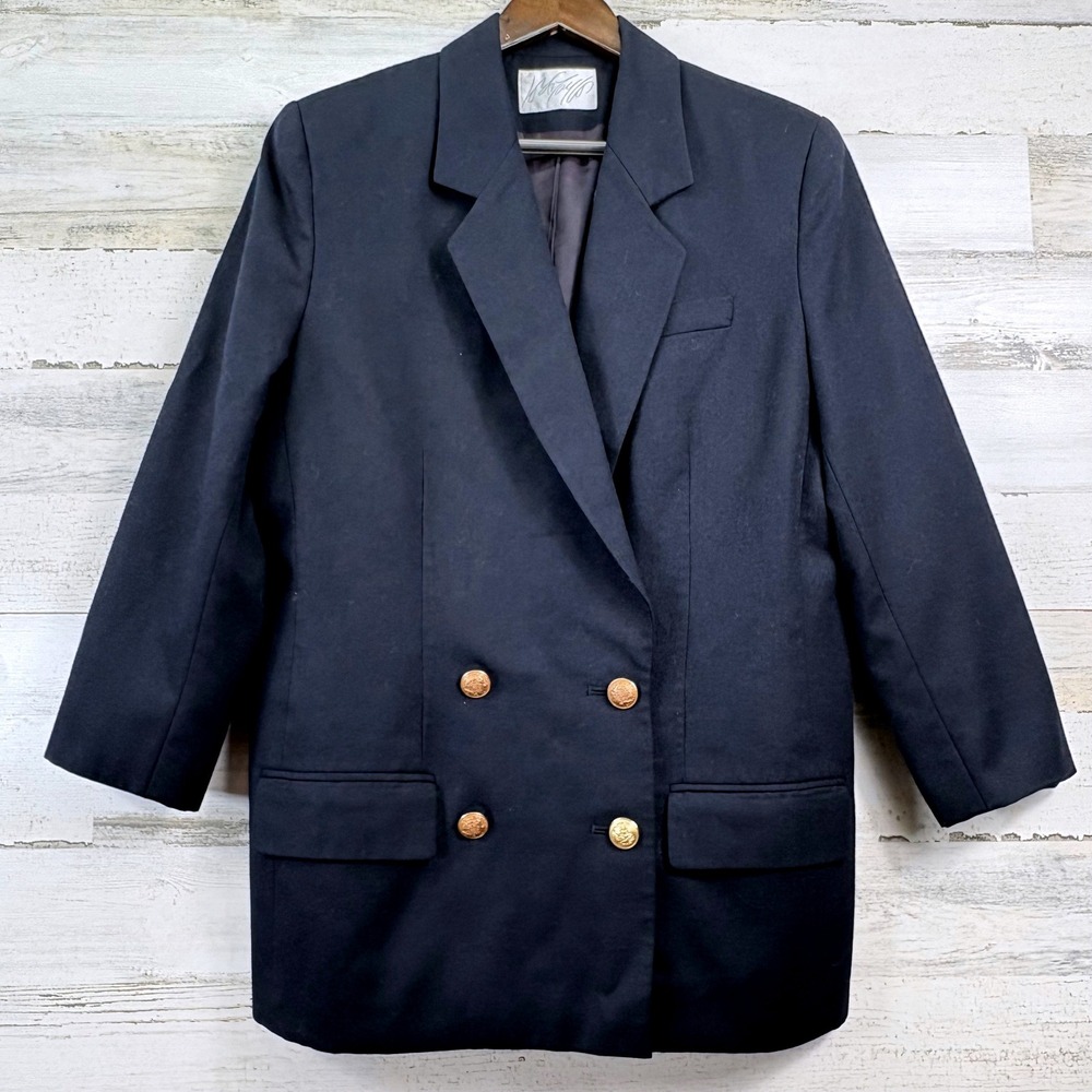 Lord & Taylor Blazer 12 Vintage Navy Blue Wool Double Breasted Gold Crest Button